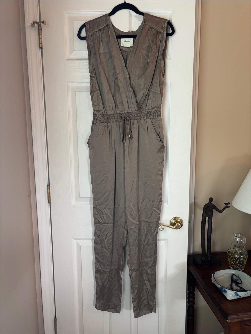 elevenses Taupe Sleeveless Utility Jumpsuit with Drawstring Waist